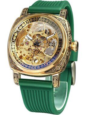 Men's Green Gold Square Mechanical Rubber Strap Self-Wind Carved Automatic Watch